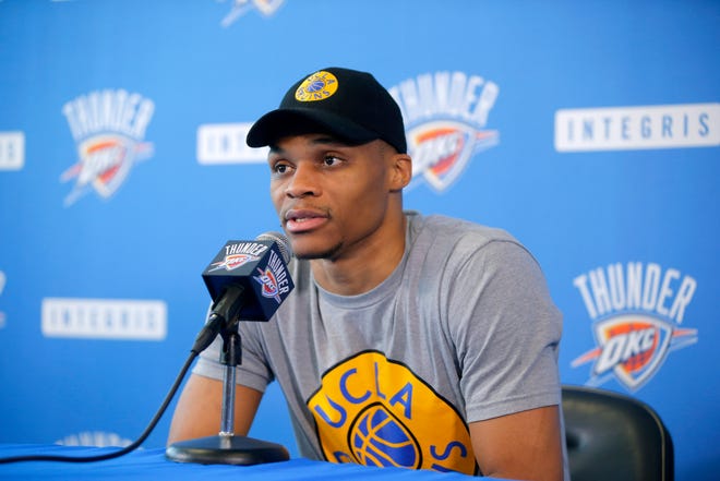 Oklahoma City's Russell Westbrook (0) speaks to the media during exit interviews for the Oklahoma City Thunder at the Integris Thunder Development Center in Oklahoma City, Okla., Saturday, April 28, 2018. Photo by Bryan Terry, The Oklahoman