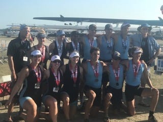 The Gainesville Area Rowing team. Top row, left to right: Coach Cory Conzemius, Alexandra Popielarz, Kailey Croft, Madison Witherington, Garrett Bauer, Andrew Furlow, J.J. Dubois and assistant coach Jacob Landauer. Bottom row: Catherine Sarosi, Falynn Barnett, Cristina Lucas, Evan Bell, Brett Pearson and Alex Robertson. [Submitted photo]