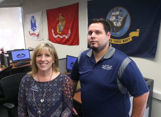 Suzanne Remedies, director of Military and Veteran Services, and Will Hunt, a Navy veteran and student, are part of Gulf Coast State College's Thanks a Million campaign, which offers financial and logistical support for military and veteran students. [PATTI BLAKE/THE NEWS HERALD]
