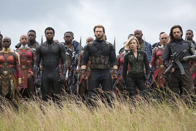 Chris Evans, Scarlett Johansson, Chadwick Boseman, Sebastian Stan, Danai Gurira, Marie Mouroum, and Winston Duke in "Avengers: Infinity War." (Marvel Studios)
