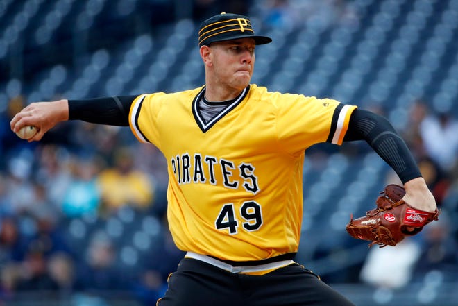 Pirates starting pitcher Nick Kingham delivers in the first inning of his first major league start in a baseball game against the St. Louis Cardinals on Sunday in Pittsburgh. [AP Photo/Gene J. Puskar]