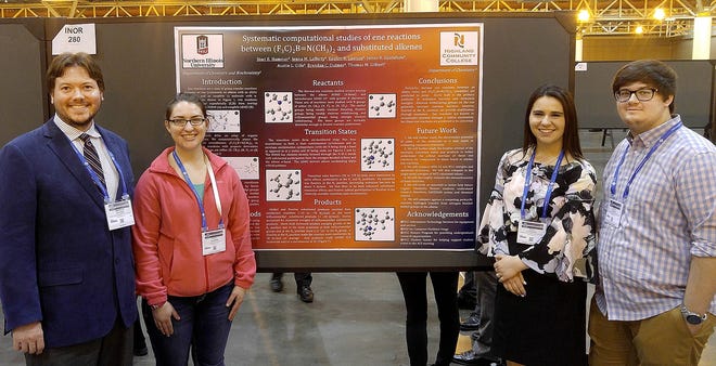 Highland Community College students Jenna Lafferty and Keaton Lawson recently presented an organic chemistry project at the 255th annual American Chemical Society national meeting in New Orleans. Pictured, from left: Brendan Dutmer, Staci Hammer, Lafferty and Lawson stand at the poster presentation. [PHOTO PROVIDED]