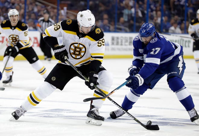 Bruins forward Tim Schaller, left, and Lightning winger Alex Killorn battle for the puck in the first period on Monday night. Boston coach Bruce Cassidy would like to see more production from Schaller's line.