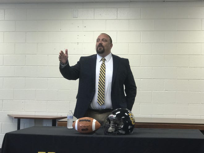 Brian Thompson was introduced Wednesday morning as Union County High's new football coach. [JED BLACKWELL/Spartanburg Herald-Journal]