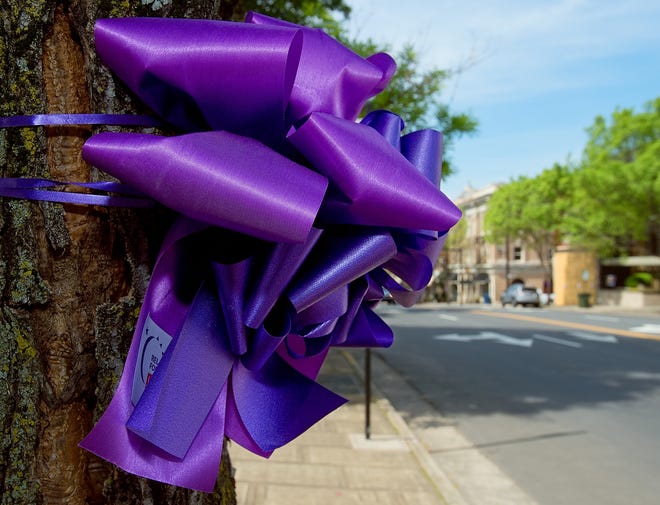 Purple bows adorn trees along Main Street in Lexington on Thursday to raise cancer awareness and promote Relay for Life. [Donnie Roberts/The Dispatch]