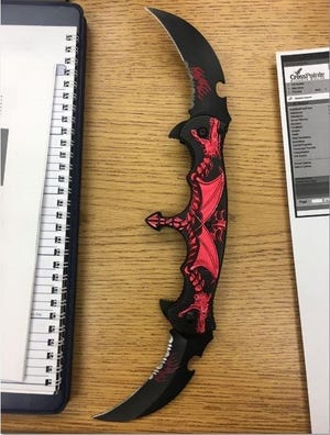 The Daytona Beach Police Department confiscated this knife from a 17-year-old Seabreeze High School student who is accused of bringing the weapon to campus. [Daytona Beach Police Department]