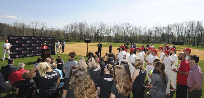 Marcia G. Welsh, president of East Stroudsburg University, speaks at the ground breaking ceremony for the new athletic fields at Creekview Park in Stroud Township on Thursday, May 3, 2018. The project will add turf and make improvements to two of the fields at the park and will become the new home field for ESU baseball and softball team. [KEITH R. STEVENSON/POCONO RECORD]