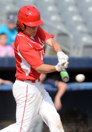 Norwich Free Academy's Kevin Pomroy hits a single against Norwich Tech during the bottom of the second inning at Dodd Stadium. NFA won 7-0. [Aaron Flaum/NorwichBulletin.com]