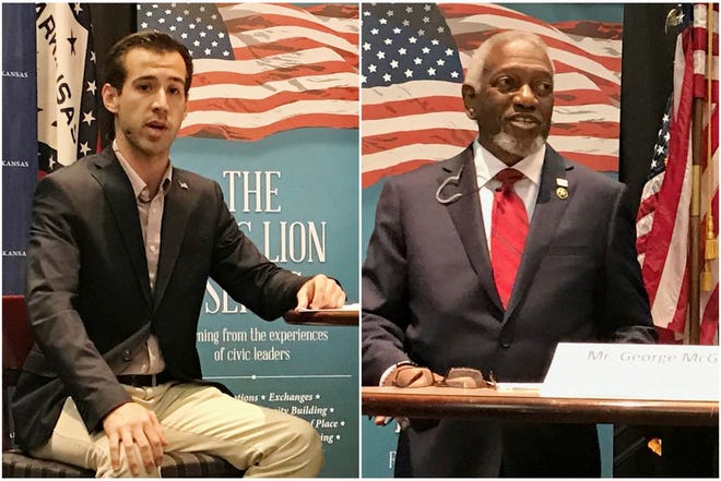 (Left) Fort Smith mayoral candidate Luis Andrade speaks Wednesday, May 2, 2018, at a forum at the University of Arkansas at Fort Smith. (Right) Fort Smith mayoral candidate George McGill speaks Wednesday, May 2, 2018, at a forum at the University of Arkansas at Fort Smith. [PHOTOS BY ALEX GOLDEN/TIMES RECORD]