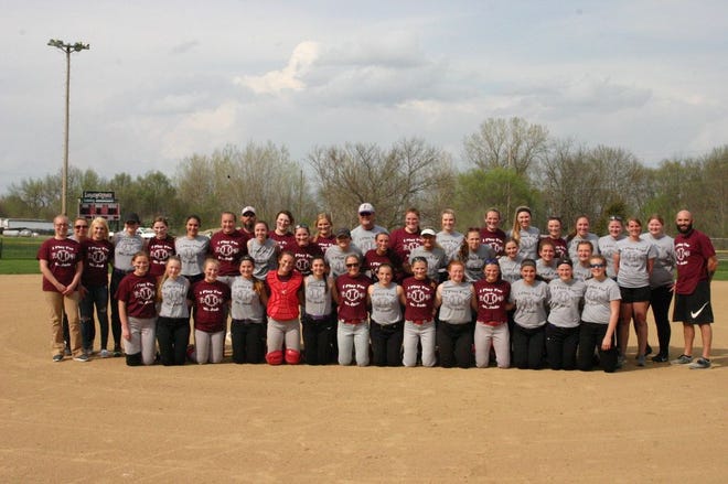 The Lewistown Lady Indians and Farmington Lady Farmers may have been foes on the field but they teamed together before the game on Wednesday to show support for St. Jude in battling childhood cancer. Both teams wore special T-shirts for the day in a contest won 9-8 by Lewistown.