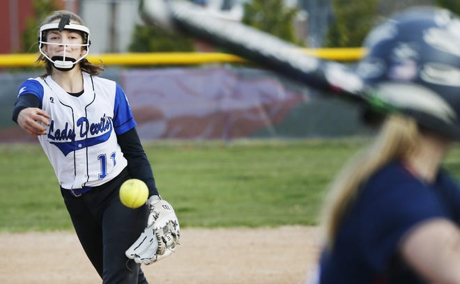 Fairhaven pitcher Laela Pepin delivers to the plate in a game from earlier this season. Pepin held GNB Voc-Tech to three hits on Friday. [MIKE VALERI/THE STANDARD-TIMES/SCMG]