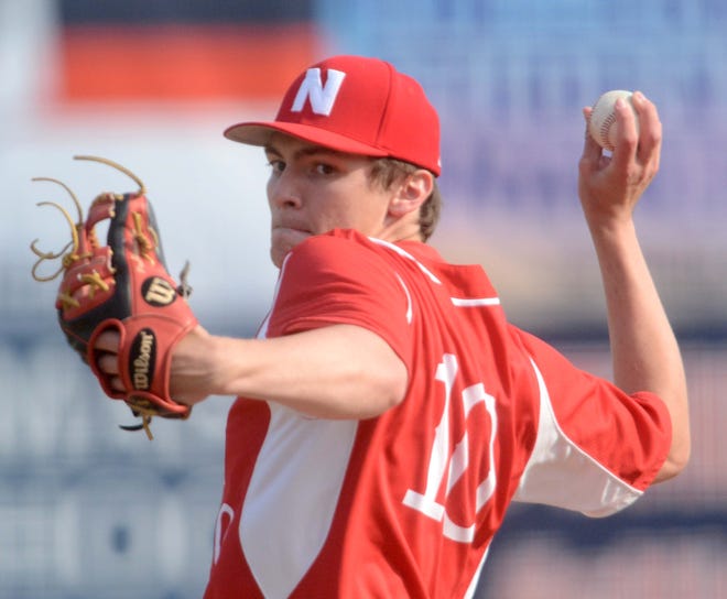 Norwich Free Academy pitcher Paul Simoncini fires in a pitch against Norwich Tech at Dodd Stadium Thursday. NFA won 7-0. [Aaron Flaum/NorwichBulletin.com]
