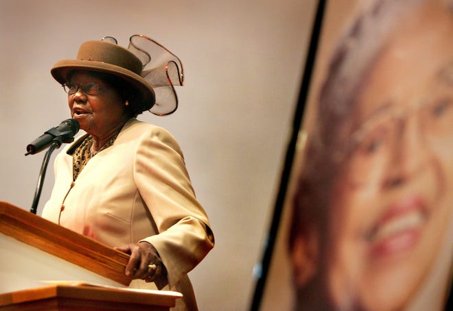 In 2009, at the age of 90, Mrs. Mary Hall Daniels was one of only two living survivors of the Rosewood Massacre. She is shown here when receiving a Rosa Parks Quiet Courage Award in Gainesville. Daniels has died at age 98. [Brad McClenny/The Gainesville Sun/File]