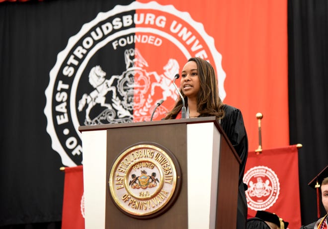 Chelsi Roberts-Williams, Student Senate President, speaks during a commencement ceremony at East Stroudsburg University on Saturday, May 5, 2018. Approximately 1,200 students received degrees during commencement ceremonies at ESU throughout the week. [PATRICK CAMPBELL/POCONO RECORD]