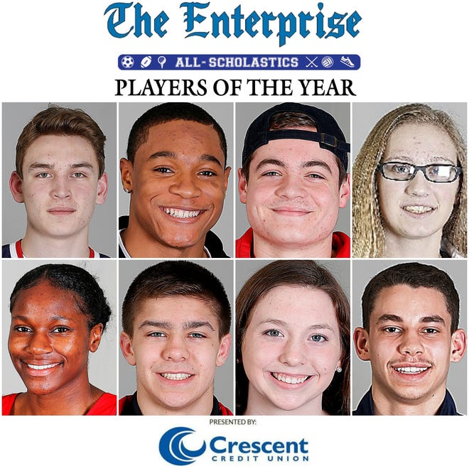 The Enterprise All-Scholastic players of the year for the winter of 2017-2018, Top row, from left: Michael Flaherty, Rockland, hockey; 

Jaylynn Ellerbe-Cundiff, Brockton, boys track; James McClaren, Bridgewater-Raynham, swimming and diving; Kayla Raymond of Oliver Ames, girls basketball. Bottom, Julieth Nwosu, Brockton, girls track; Cole Wyman, Brockton, wrestling; and Megan Kramer, Bridgewater-Raynham, swimming and diving; Doug Alves, Bridgewater-Raynham, boys basketball. (Dave DeMelia/The Enterprise)