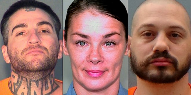 Aaron Levi Schmidt, Kelly Ann Jaeger and Travis Ricci. Authorities say Schmidt drove Ricci, who was in a white supremacist group, to a park in north Phoenix. Ricci is accused of fatally shooting Jaeger because she was dating a black man. (Arizona Department of Corrections via AP)