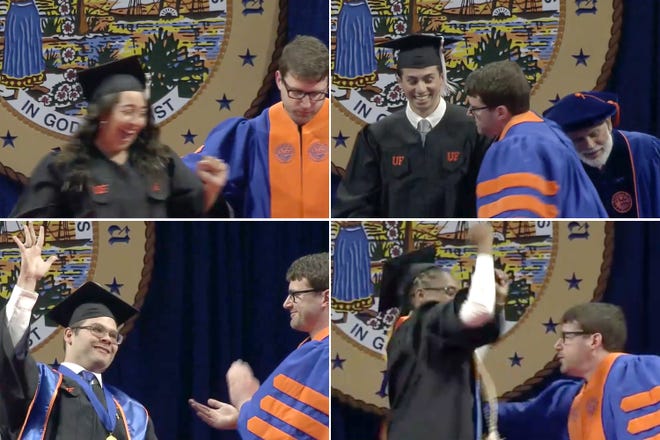 A Florida official interacts with graduates after their names are announced at the 2 p.m. commencement ceremony in the O'Connell Center on Saturday. [Images from UF video]