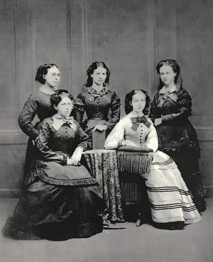 High school graduation announcements will soon be in the mail inviting friends and relatives to celebrate this important milestone in the life of local teenagers. Hundreds of students have graduated from Ionia High School and todayþÄôs Back in the Day photograph recognizes the first class of do so back in 1871. Class members were (from left): Mary Bellamy, Nettie Bignell, Dora Burdick, Emma Rice, and Anne Woodridge. [CONTRIBUTED]