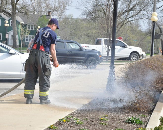A burning bush at the Livingston County Law and Justice Center Tuesday, May 1 brought out the Pontiac Fire Department and their water hoses again. Monday, April 30, in the afternoon the department was called to County Market for another bush that was on fire. The region had been under a red flag warning, meaning critical fire weather conditions are either occurring now … or will shortly. A combination of strong winds, low relative humidity, and warm temperatures can contribute to extreme fire behavior.