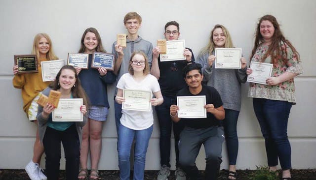 Members of the Bartlesville High School journalism program attending the Oklahoma Scholastic Media/Interscholastic Press Association are, back row, Abby Turner, Kaylee Cromwell, Noah Estes, Edward Reali, Aleeyah Dean and Hadley Davis, and, front row, Rachel Brown, Jacey Walls, Tanzim Vadsaria