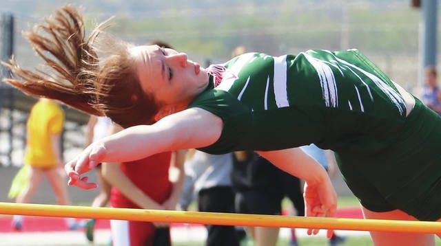 Emily Wingert set a season-best in the high jump Saturday by clearing 4-10 at the Raccoon River Conference meet. She was also part of Boone’s winning sprint-medley relay. Photo by Andrew Logue/News-Republican