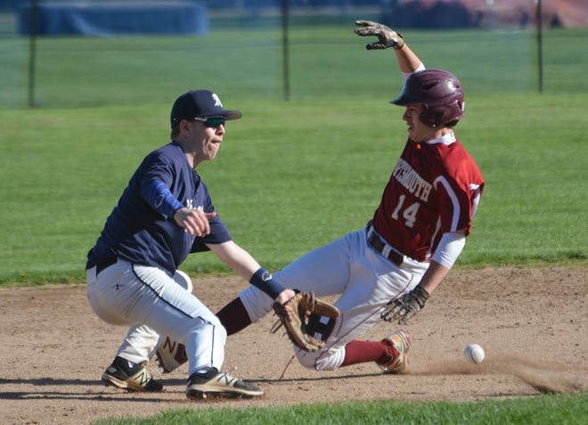 Portsmouth's Myles Sargent, right, steals second base as the throw skips past STA second baseman Dan Wooster during D-II action Wednesday. [Mike Whaley/Fosters.com]
