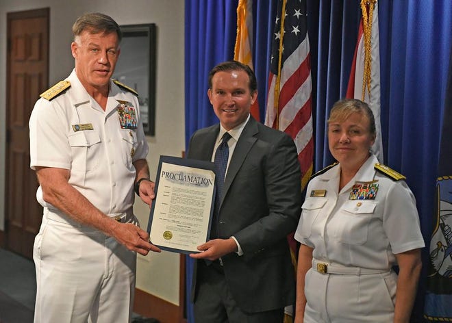 JACKSONVILLE, Fla. (May 4, 2018) - Jacksonville Mayor Lenny Curry speaks to personnel assigned to U.S. 4th Fleet during a proclamation ceremony, proclaiming May 5th as '4th Fleet Day' in the city of Jacksonville. This proclamation comes the day before the U.S. 4th Fleet's 10th anniversary since its reestablishment in 2008. (U.S. Navy photo by Mass Communication Specialist 2nd Class Michael Hendricks/Released)