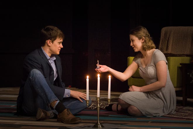 Knox College students Jo Hill as Laura Wingfield and John Harden as Jim O’Connor rehearse a scene in "The Glass Menagerie." [submitted photo]