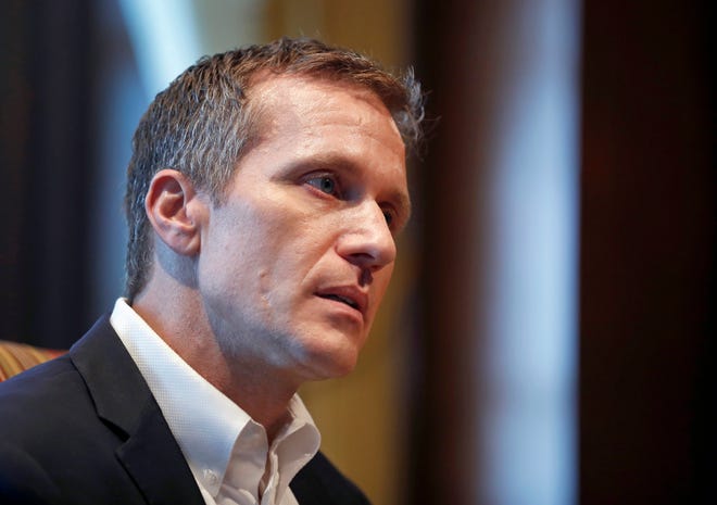 FILE - In this Jan. 20, 2018, file photo, Missouri Gov. Eric Greitens listens to a question during an interview in his office at the Capitol in Jefferson City, Mo., where discussed having an extramarital affair before taking office. Jury selection is set to begin Thursday, May 10, 2018, in Greitens' felony invasion of privacy trial. He is accused of taking an unauthorized photo of a woman while she was partially nude during a 2015 sexual encounter, before he was elected. (AP Photo/Jeff Roberson, File)