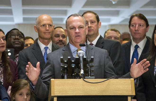 Speaker of the House Richard Corcoran speaks at the end of the legislative session at the Florida State Capitol in Tallahassee on March 11. [AP File Photo]