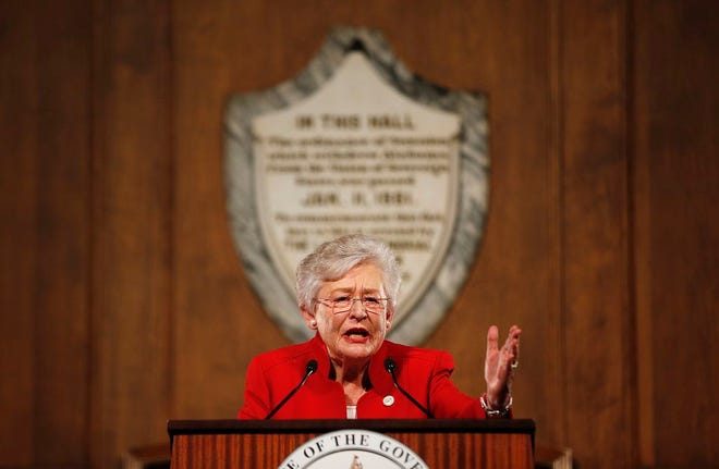 FILE - In this NYAG211, file photo, Alabama Gov. Kay Ivey gives the annual State of the State address at the Capitol, in Montgomery, Ala. Speaking to supporters Ivey argued that Alabama is “stronger” than it was a year ago. Ivey is seeking to win the office after becoming governor last year when her predecessor resigned in a scandal. (AP Photo/Brynn Anderson, File)