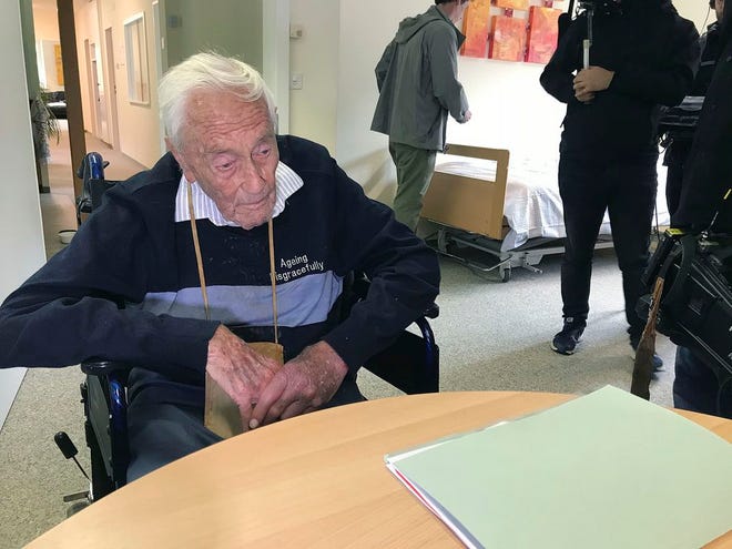 Australian David Goodall, 104, spoke to the media on Wednesday in a room in Liestal near Basel, Switzerland, where he chose to end his life on Thursday. Swiss law currently allows assisted suicide for anyone who acknowledges in writing that they are taking their lives willingly — without being forced. The practice is frowned upon by many doctors and others who say it should be reserved for the terminally ill. [Philipp Jenne/The Associated Press]