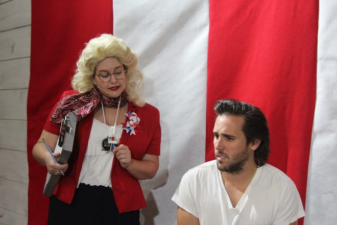 As she prepares for the talent portion of the contest, Carnelle (Lexie Hoag) recalls better times with her former beau, Mac Sam, (Mark Anthony Kelley) in "The Miss Firecracker Contest" by the Bay Street Players in Eustis. [Submitted photo]