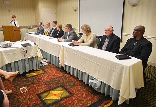 The panel takes questions from the audience during the I-86 Innovation Corridor meeting about strategic workforce planning. [ERIC WENSEL/THE LEADER]