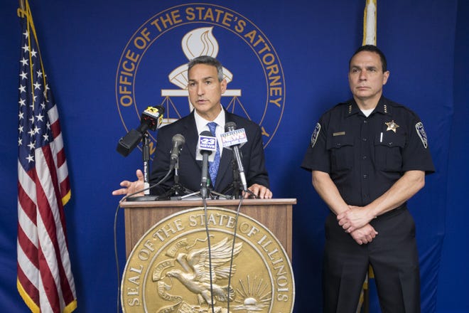 Winnebago County State's Attorney Joe Bruscato, left, and Rockford Police Chief Dan O'Shea inform reporters on Thursday, May 10, 2018, that an investigation into $500,000 allegedly stolen from the Rockford Area Economic Development Council has been turned over to federal authorities. [SCOTT P. YATES/RRSTAR.COM STAFF]