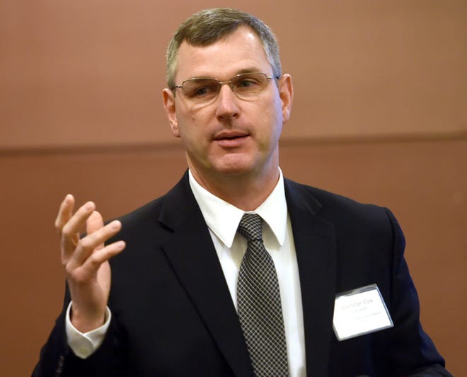 Brendan Cox, director of policing strategies for Law Enforcement Assisted Diversion (LEAD) speaks about the potential benefits of not always arresting people drug-related crimes and instead diverting them to a case manager during the 2018 Strafford County Addiction Summit Friday morning. [Deb Cram/Fosters.com]