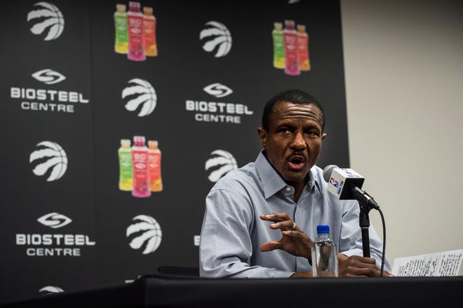 Toronto Raptors head coach Dwane Casey speaks to media at an end-of-season availability in Toronto, Wednesday, May 9, 2018. (Aaron Vincent Elkaim/The Canadian Press via AP)
