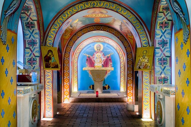 The interior of the St. Photios Greek Orthodox National Shrine on St. George Street includes a chapel filled with Byzantine-style frescoes of many apostles and saints of the Christian church. [Contributed]