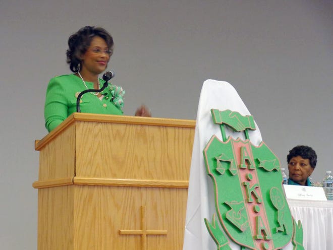 Petersburg City Manager Aretha R. Ferrell Benavides gives a keynote address at the Delta Omega chapter of the Alpha Kappa Alpha Sorority, Inc.'s Founder's Day celebration on Feb. 18. [Contributed Photo]