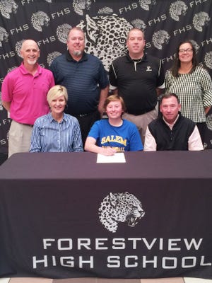 Forestview's Sydney Bowen has signed a letter of intent to play baskeball at Salem College. Pictured (from left to right) on the front row is Angie Bowen (mother), Sydney Bowen, Doug Bowen (father) and back row Alan Stewart (Forestview athletic director, Kevin Baker (Forestview softball coach), Kevin Gurganus (Forestview head basketball coach), Jenny Cabe (Forestview assistant principal). Not pictured Tyree Taylor (Forestview assistant basketball coach). [Special to The Gaston Gazette]