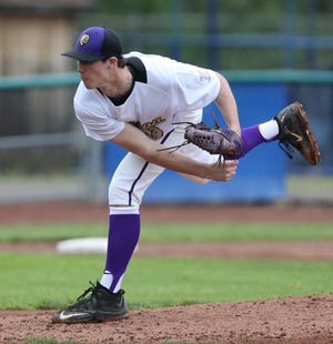 Jackson's Yianni Skeriotis delivers a pitch during the second inning of their Division I district semifinal game against Lake at Thurman Munson Memorial Stadium in Canton on Monday, May 14, 2018. Skeriotis shut out Lake 2-0. (CantonRep.com / Scott Heckel)