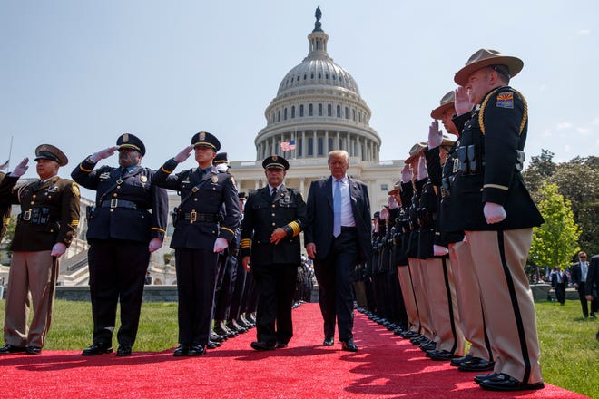 President Donald Trump arrives for the 37th annual National Peace Officers Memorial Service on Capitol Hill, Tuesday, May 15, 2018, in Washington. (AP Photo/Evan Vucci)
