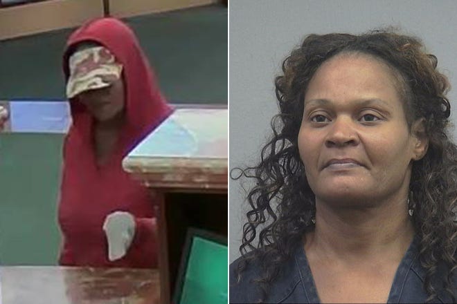 Sacoya Everts, right, has been arrested in connection with a bank robbery in Alachua County on Tuesday. The surveillance image on the right shows the bank robbery in progress. [ASO]