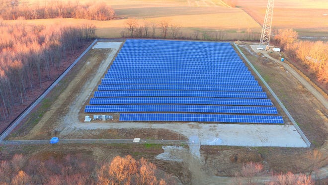 Marshallville's solar filed, which began operating near the end of 2016, encompasses 6.5 acres and produces a megawatt of electricity. The village of Brewster plans to build a similar solar field on more than 13 acres in Sugar Creek Township this summer. (Photo provided)
