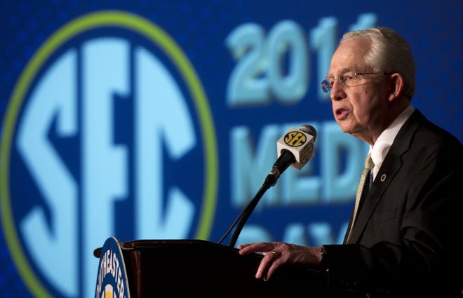 Southeastern Conference Commissioner Mike Slive talks with reporters during SEC media days during his tenure. He died on Wednesday at 77 years old. [Dave Martin, The Associated Press]