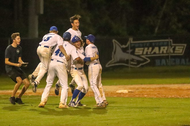 Clay celebrates after its 4-2 win over Ponte Vedra in the Region 1-6A semifinal Tuesday at Ponte Vedra High, The Blue Devils will face Lynn Haven Mosley in the Region 1-6A final on May 22. [WILL BROWN/ THE RECORD]
