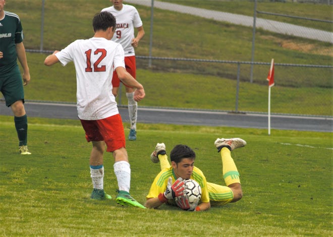 Prince George Boys Soccer's Austin Aaron made several big saves to help keep the Royals ahead in their 2-0 shutout victory over Matoaca on Thursday. [Sean Jones/progress-index.com]