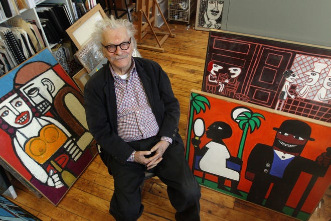 Morris Nathanson, 90, in his Pawtucket studio located just a few blocks from where he grew up. Nathanson's work is the subject of a retrospective at the Providence Art Club and on Monday, he'll receive a Rhode Island Pell Award for Excellence in the Arts from Trinity Repertory Company. [The Providence Journal / Bob Breidenbach]