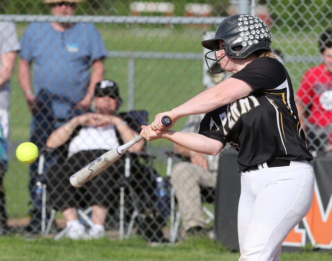 Perry's Gia Durieux connects on a two run home run during the fourth inning of their D1 district final against Louisvile at Massillon on Thursday, May 17, 2018. Perry won 9-0. (CantonRep.com / Scott Heckel)