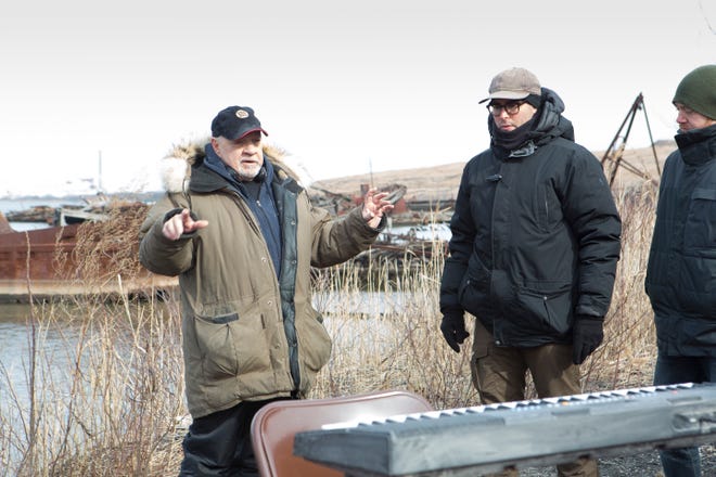 Paul Schrader (left) on the set of “First Reformed.” [A24]